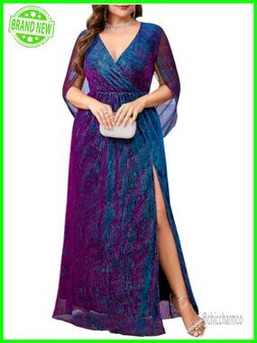 Plus Size Maxi Dress Sparkly Metallic Threads Cape Sleeve V-Neck Side Split